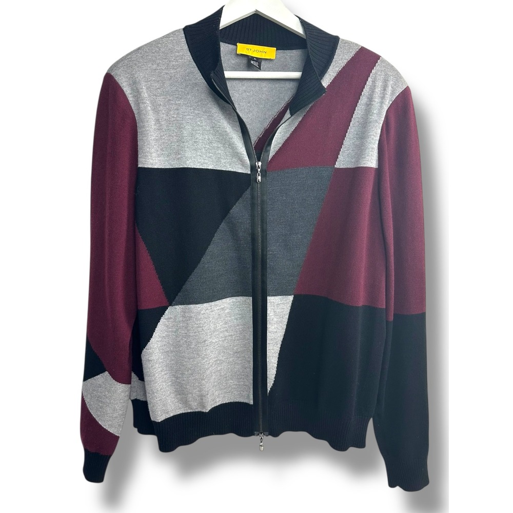 ST JOHN Geometric‎ Color Block Zip Up Sweater Knit Jacket Women's XL